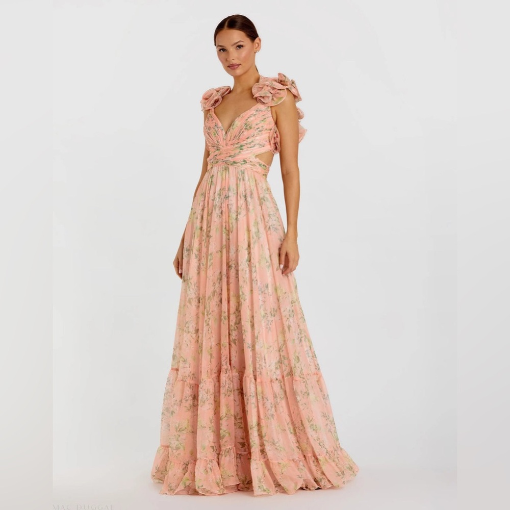 NWT Mac Duggal | Pink Ruffle Tiered Floral Cut-Out Chiffon Gown